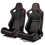 ModifyStreet Pair of All Black PVC + Red Snake Pattern & Rear Carbon Fiber Style leather Reclinable Racing Seats W/Silders