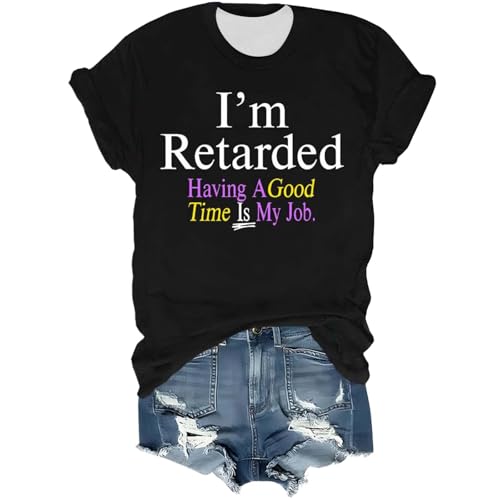 2025 Fashion T Shirts Womens Blouse Loose Tunic Women's Fashion Casual Letter Printed Round Neck Short Sleeve Top T Shirt Workout Shirt Women Short Sleeve (Black, XL)