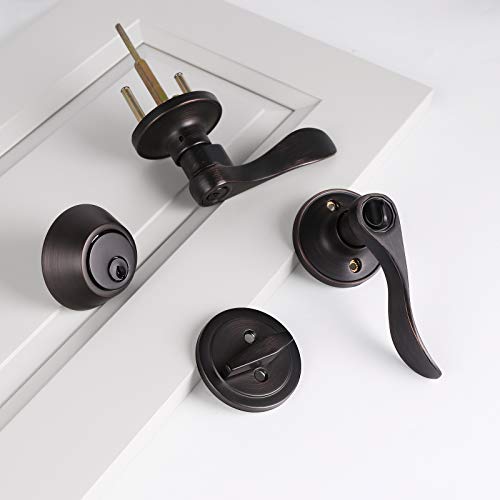 Probrico 2 Set Oil Rubbed Bronze Exterior Entry Lever And Single Cylinder Deadbolt Combo Pack, Keyed Alike Lockset Handleset For Front Door Entry Lock Set #TOP1