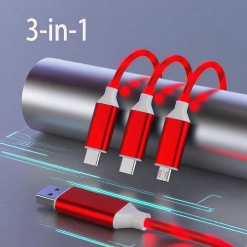 Image of 3 Combinations Multi Ports USB Charger Cable A to Micro USB /Type C PD Fast Charging Cord Light Up LED Current to be a Night Light Compatible with Most of Devices-39 inches Red.