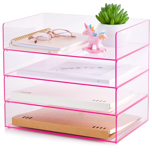 Harloon 4 Tier Paper Organizer Letter Tray Pink Acrylic Desk File Organizer Heavy Duty Stackable Documents Clear Letter Paper Holder Office Tray for A4, Office Classroom Home File Pad Notebooks