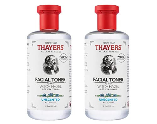 Image of THAYERS Alcohol-Free, Hydrating, Unscented Witch Hazel Facial Toner with Aloe Vera Formula, Vegan, Dermatologist Tested and Recommended, 12 Oz (Pack of 2)