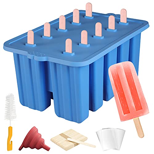 Homemade Silicone Popsicle Molds,BPA Free Popcylce Molds,Reusable Popsicle Mold for Kids,Ice Cream Mold,Ice Pop Molds Maker with 50 Popsicles Sticks,50 Popsicle Bags,Cleansing Brush,Funnel ( Blue)