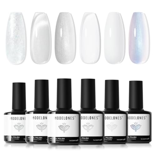 modelones White Gel Nail Polish Set, 6 Colors Milky Jelly White Sparkle