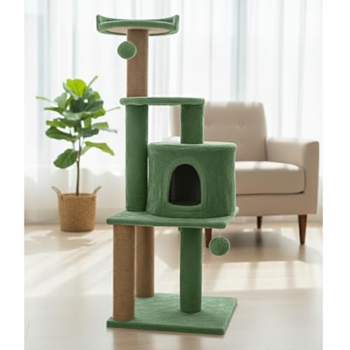 Image of Soft Fur Activity Scratching Post /Cat Tree for Kittens & Cats - Natural Sisal Rope Triple Platform Tower (Height 43 Inch) (FURR - 3FLORR - Green)