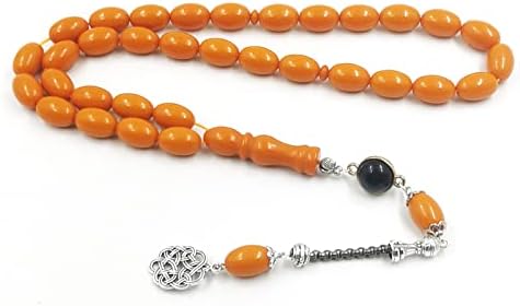 Tasbih - Rosario musulmán de resina naranja con accesorios de piedra de ónix, pulsera de pavo, cuentas de oración islámica (0.354 x 0.512 in x 33