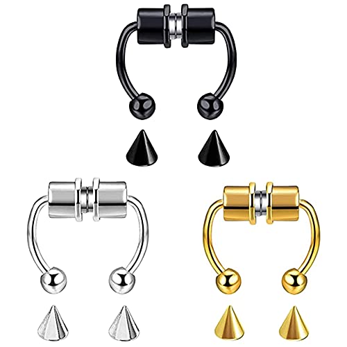 CH01 Magnetic Septum Fake Nose Ring Hoop Nose Ring Horseshoe Stainless Steel Faux Fake Nose Septum Rings Non-Pierced Clip On Nose Hoop Rings for Men Women Stainless Steel Nose Rings Magnetic (3pcs)