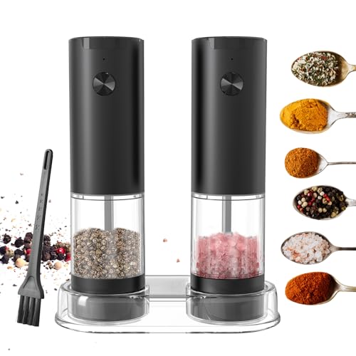 Irishom Electric Salt and Pepper Grinder Set with Storage Base Refillable Spice Grinder Battery Operated 5 Levels Adjustable Pepper Mill with Cleaning Brush for Sea Salt Coarse Salt Rosemary Cumin