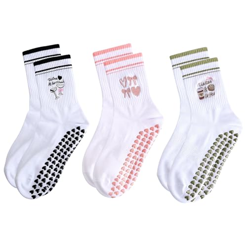 VOSSOT 3 Paar Pilates Socken Damen– Weiche Baumwoll Yoga Socken mit Herzdesign, Stoppersocken Damen mit Noppen für Stabilen Halt – Rutschfeste Grip Socks für Pilates Reformer Zuhause, Ballett, Fitness
