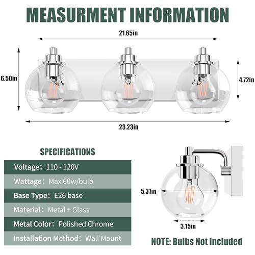 Image of 3 Light Bathroom Light Fixtures-Chrome Bathroom Vanity Lights, Modern Vanity Lights 3-Light Bathroom Lighting Fixtures Over Mirror with Clear Glass Globe Shade