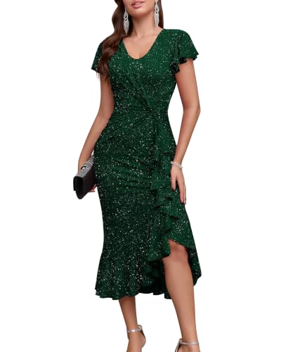 Biodeer Women Sparkly Dresses Wedding Cocktail Party Ruffle Sleeves Ruched Wrap Sparkly Glitter Dress Royal Blue 3XL
