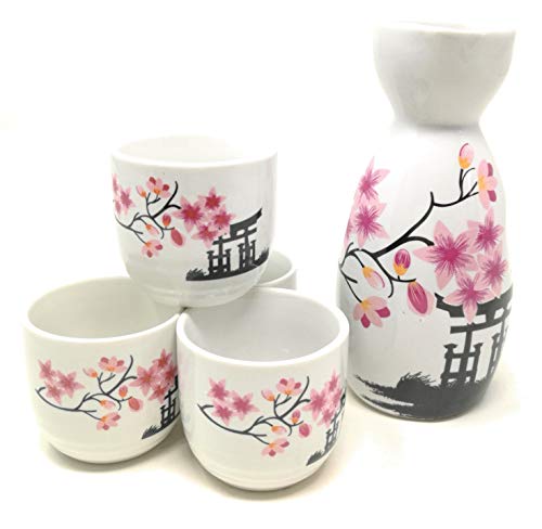 Tj Global 5-Piece Sake Set, Durable Ceramic Japanese Sake Set With 1 Carafe/Decanter/Tokkuri Bottle And 4 Ochoko Cups For Hot Or Cold Sake At Home Or Restaurant - Temple And Flowers #TOP3