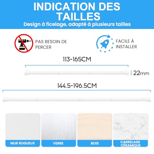 Tringle rideau douche sans perçage extensible 115-195cm blanche fixe - 4