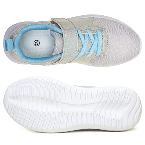 Toandon Girls Kids Sneakers Glitter Shoes Toddler Breathable Lightweight Elastic Band Athletic Running Walking Sparkle Glimmer Fashion Outdoor Child Strap Closure Sliver Blue Size 13 #TOP2