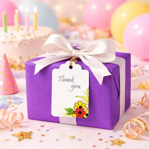 Image of CVANU Floral Thank You Gift Tags (Set of 150), Elegant Flower Design (D14) Hanging Tags with Gold String for Wedding Return Gifts & Small Business Packaging (2.85 x 1.7 Inch)