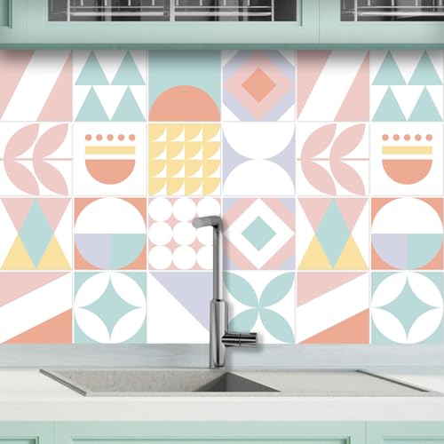 AREDE 32 x Feuilles Mural Stickers Carrelage 2D Imperméables Carreau de Ciment Adhesif, Autocollants Carreaux Dosseret pour Cuisine, Salle de Bain la...