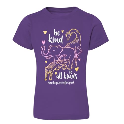 San Diego Zoo Be Kind Girls Tee, Purple with Animal Collage Design, Youth Slim-Fit T-Shirt