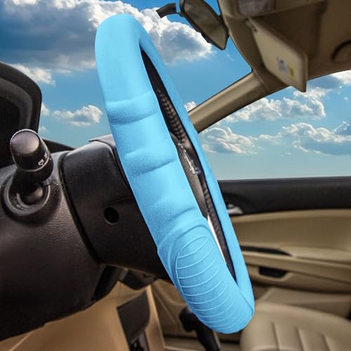 Image of FH Group Universal Fit Silicone with Grip and Pattern Massaging Grip Steering Wheel Cover fits most Cars, SUVs, Trucks, and Vans Light Blue