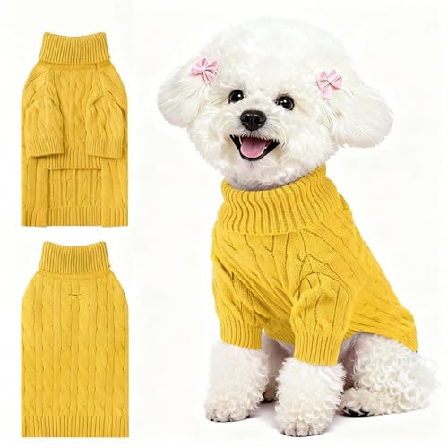 Image of Small Dog Thermal Pullover Sweater, Classic Turtleneck Cable Knitwear Dog Clothes for Cold Weather Warm Pet Clothes for Chihuahua, Bulldog, Dachshund, Pug Yellow Medium