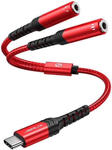 JSAUX USB-C to 3.5mm Headphone Jack Adapter Y Splitter, Type-C to Dual 3.5mm Aux Audio Adapter Compatible with Huawei P40 P30 P20 Mate 20 10, Pixel 4 3 2 XL, Samsung Galaxy Note 20 10 S20 S10 -Red