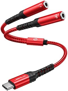 JSAUX USB-C to 3.5mm Headphone Jack Adapter Y Splitter, Type-C to Dual 3.5mm Aux Audio Adapter Compatible with Huawei P40 P30 P20 Mate 20 10, Pixel 4 3 2 XL, Samsung Galaxy Note 20 10 S20 S10 -Red