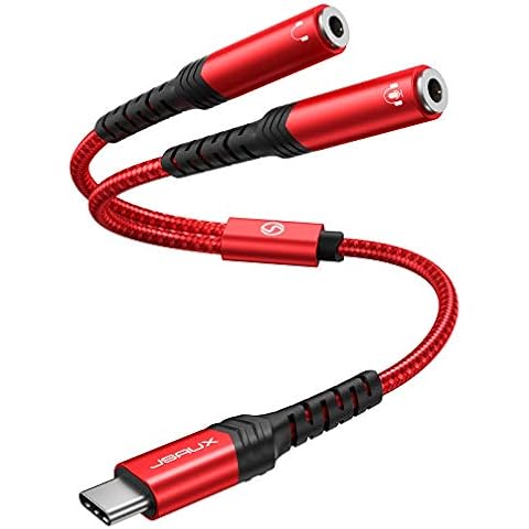 JSAUX USB-C to 3.5mm Headphone Jack Adapter Y Splitter, Type-C to Dual 3.5mm Aux Audio Adapter Compatible with Huawei P40 P30 P20 Mate 20 10, Pixel 4 3 2 XL, Samsung Galaxy Note 20 10 S20 S10 -Red Cover