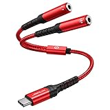 JSAUX USB C to 3.5mm Aux Dual Headphone Splitter Adapter, 2-in-1 Audio Headphone Jack Adapter Compatible with iPhone 16 Pro Max/15 Pro Max, Galaxy S24/S23 Ultra, Huawei P40, iPad Pro, Pixel-Red