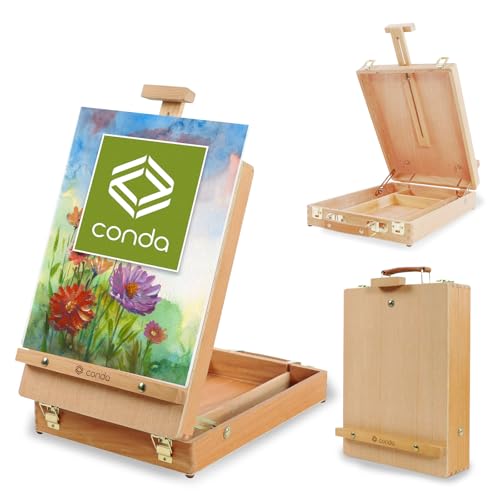 CONDA Wood Table Box Easel, Adjustable Portable Beechwood Tabletop Easel Stand for Painting, Drawing & Sketching, Folding Storage Table Easel with Drawer for Artists, Students & Beginners