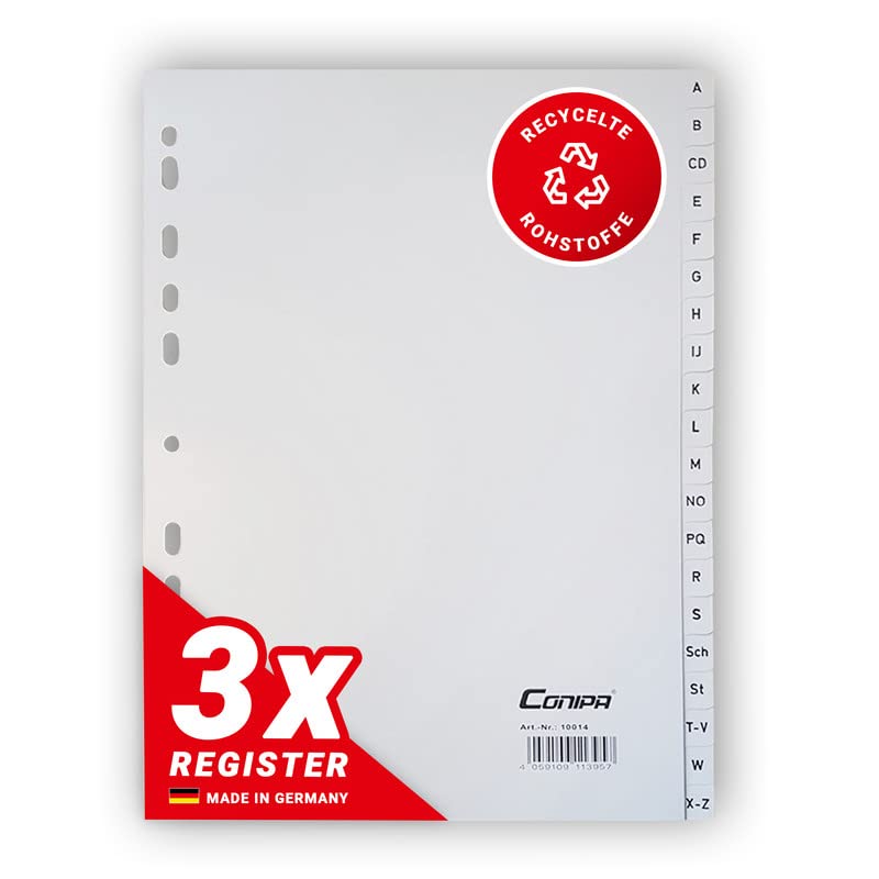 Conipa - 3er Set A-Z Register für Ordner DIN A4 alphabetisch (MADE IN GERMANY) - Ordner-Register & Trennblätter aus PP mit Buchstaben (Alphabet) - Trennregister für Akten Ringbücher & Hefter (Grau)