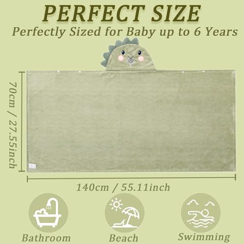 Image of Unisex Toddler Bath Towel with Hood, 27.5 inchX55 inch, Green, Anime Dinosaur Pattern, Coral Fleece, Machine Wash, 1 Count
