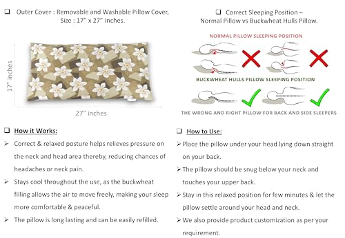 Image of Buckwheat Hulls Pillow | King Size | 17 inch x 27 inch inch | Pillow for Neck Pain | Shoulder Pain | Back Pain | Other Sleeping Problem | for Daily Use (Brown - Flower Print)