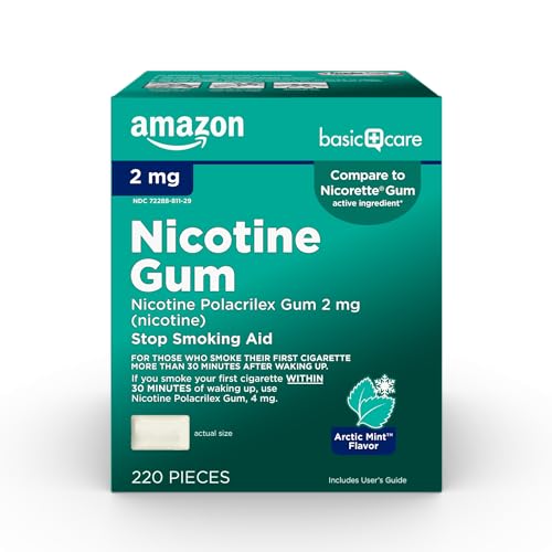 Image of Amazon Basic Care Uncoated Nicotine Polacrilex Gum 2 mg (nicotine), Mint Flavored, Stop Smoking Aid, Quit Smoking, Relieves Nicotine Cravings, 220 Count