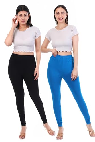 Image of TPF Women Solid Cotton Lycra 4 Way Stretchable Leggings | Combo Pack of 2 Comfortable Churidar-Length Slim Fit Leggings for Women & Girls