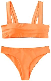 ZAFUL Women's Wide Straps Padded Bandeau Bikini Set Neon Orange S