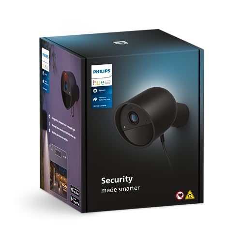 Philips Hue Sichere verkabelte Smart 1080p Sicherheitskamera, schwarz, für drinnen oder draußen, einfach zu installieren, Zwei-Wege-Kommunikation, funktioniert mit dem Sicherheitscenter in der Hue-App