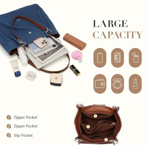 Image of BESMART Denim Tote Bag for Women, Large PU Leather Canvas Shoulder Bags with Circle Chain