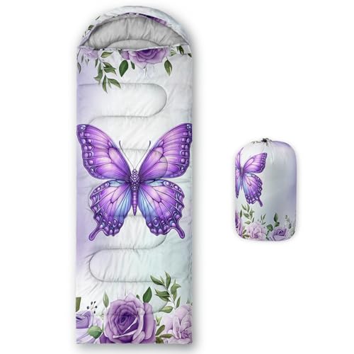 HOSIMA Butterfly Sleeping Bag for Girls,Floral Pattern Cold Weather Gear for Camping,Animal Theme Ultralight Sleeping Bag for Adults and Kids Hiking Trips Outdoors Activities.