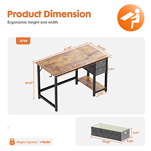 Computer Desk With Drawer Home Office Desks 47 Inch Writing Desk Work Desk Pc Table Study Desk With 2 Tiers Drawers Storage Shelf Headphone Hook, Modern Simple Style Laptop Desk For Bedroom, Gaming #TOP7