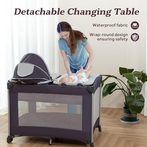 Image of Portable Baby Playard 4 in 1 Design, Foldable Baby Playpen with Removable Bassinet, Canopy and Changing Table, Infant Playrad, Nursery Center Travel Crib