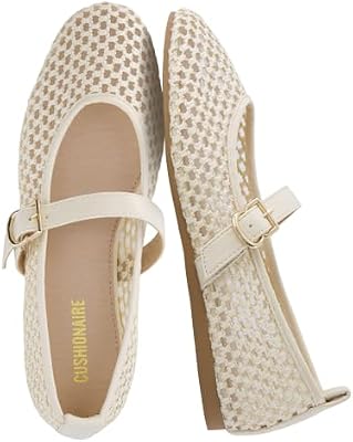 CUSHIONAIRE Gracie Mesh Mary Jane Flats for Women – Breathable Ballet Flats with Adjustable Buckle S...