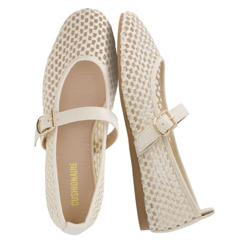 CUSHIONAIRE Gracie Mesh Mary Jane Flats for Women – Breathable Ballet Flats with Adjustable Buckle Strap & Memory Foam Cushioning, Cream Size 8.5