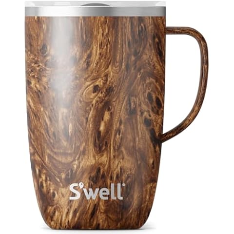 S'well Stainless Steel Mug with Handle, 16oz, Teakwood, Triple Layered Vacuum Insulated Containers Keeps Drinks Cold for 10 Hours and Hot for 3, BPA Free Cover