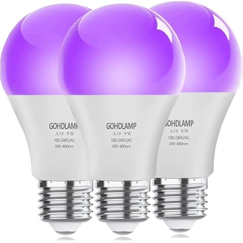 GOHDLAMP A19 LED Black Light Bulbs - 9W for Halloween Decoration, Glow Parties, and More! UVA Level 395-400nm, Perfect for Fluorescent Posters, Body Paint, and Neon Fun - Includes 4 Pack Cover