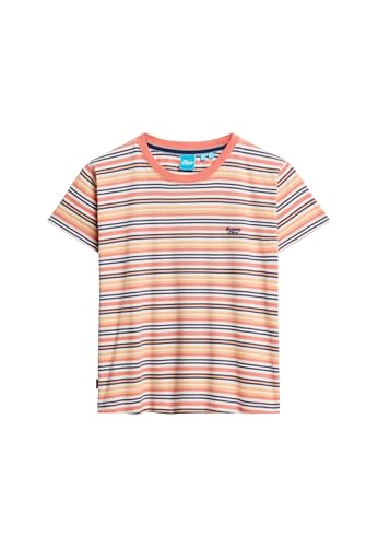 Superdry Damen Figurbetontes Essential T-Shirt mit Logo und Streifen Abendrot Koralle Gestreift 40
