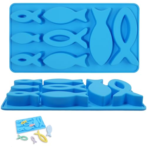 2 peças de molde de silicone de peixe, molde para chocolate, sabonete, bolos e sobremesas, 16 grelhas de moldes de silicone para artesanato e substituição, adequado para alimentos, fácil de remover e