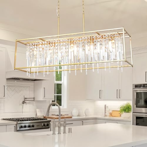 Aimluxin Modern Rectangle Gold Crystal Chandeliers for Dining Room, 40" Rectangular Farmhouse Chandelier Top K9 Crystal Linear Light Fixture Lighting for Kitchen Island, Living Room L40xW12xH11