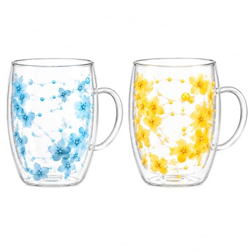 Image of KiKiluxxa 350ml Double Wall Glass Tea Coffee Mug Set of 2 | Glass Cups with Movable Decorative Flowers & Pearl Beads | Insulated Glass Mug for Tea, Coffee, Milk, Gift (Sky Bloom+Golden Blossom)