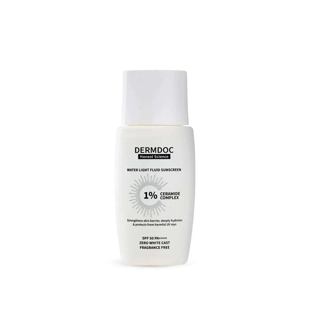 DERMDOC SPF 50 1% Ceramide Complex Water Light Fluid Sunscreen (50 gm) | PA++++ | Sunblock | Lightweight | Non-Sticky I No White Cast | Non-Comedogenic | Suitable for Dry Skin