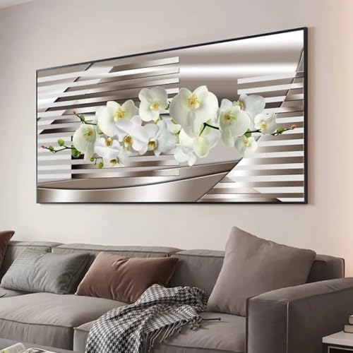 Orchidée blanche en grand tableau abstrait pour une chambre parentale zen