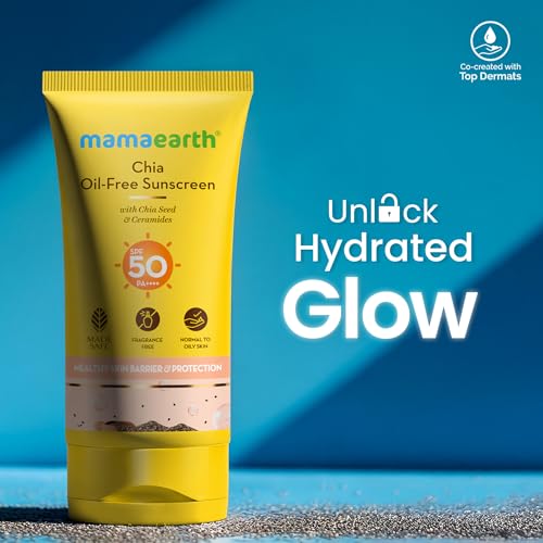 Image of Mamaearth Chia Oil-Free Sunscreen with Chia Seed & Ceramides for Hydrated Glow & Sun Protection - 50g | SPF50 PA++++ | Oil-Free Formula for Normal to Oily Skin | UVA /B Protection | Tan Protection | No White Cast | InVivo Tested | Healthy Skin Barrier